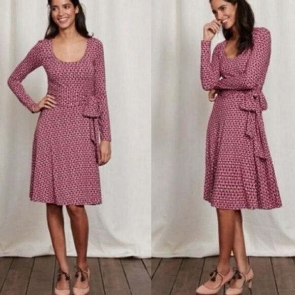 Boden Long Sleeve Scoop Neck Pink Black Cream Sylvia Faux Wrap Midi Dress 6 - Picture 1 of 9
